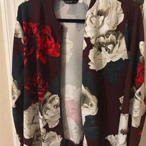 PRE-OWNED SHEIN Floral Bomber Jacket with Red & White Roses & zipper. 0XL